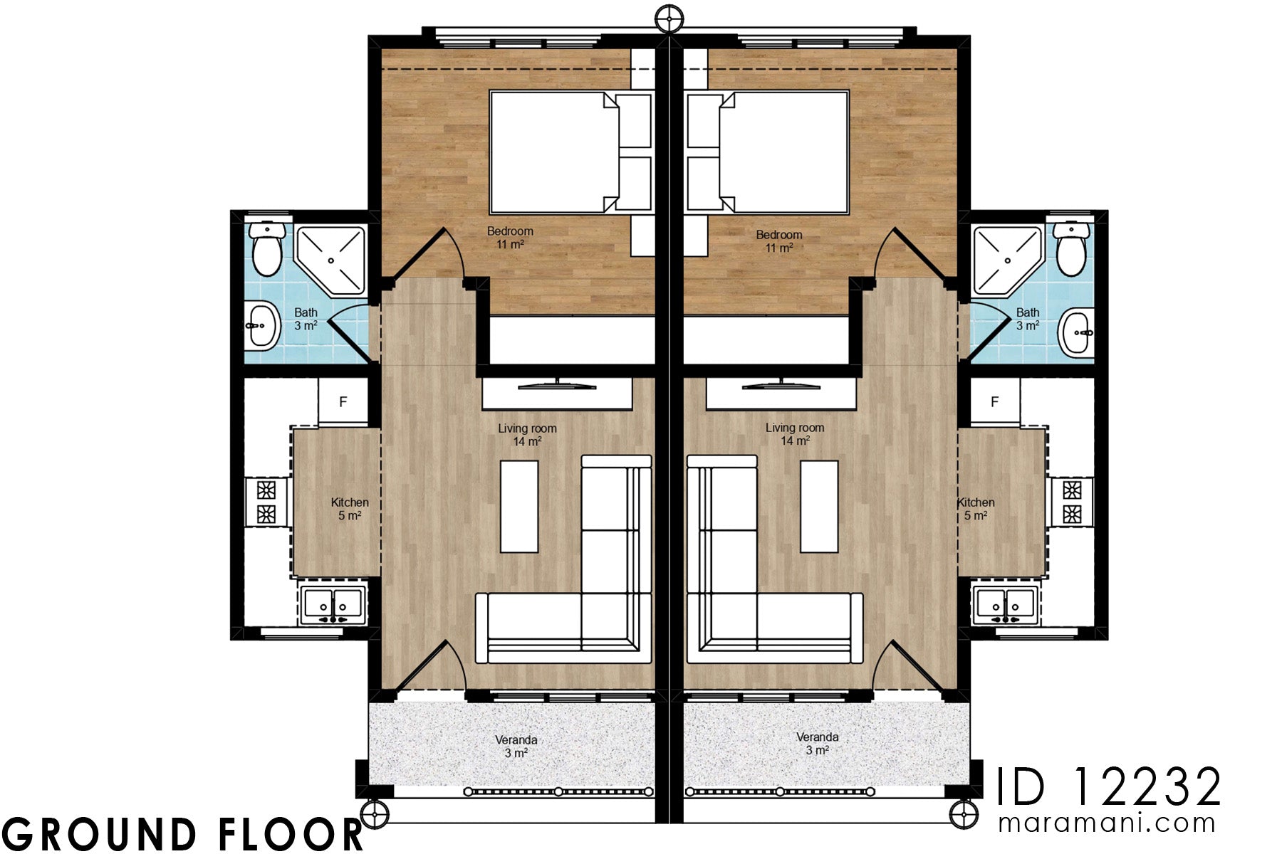 1 Bedroom Duplex house plan - ID 12232