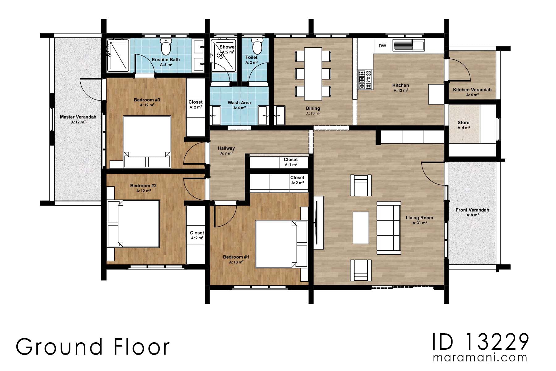 Affordable 3 Room 2 Bathroom Plan - ID 13229