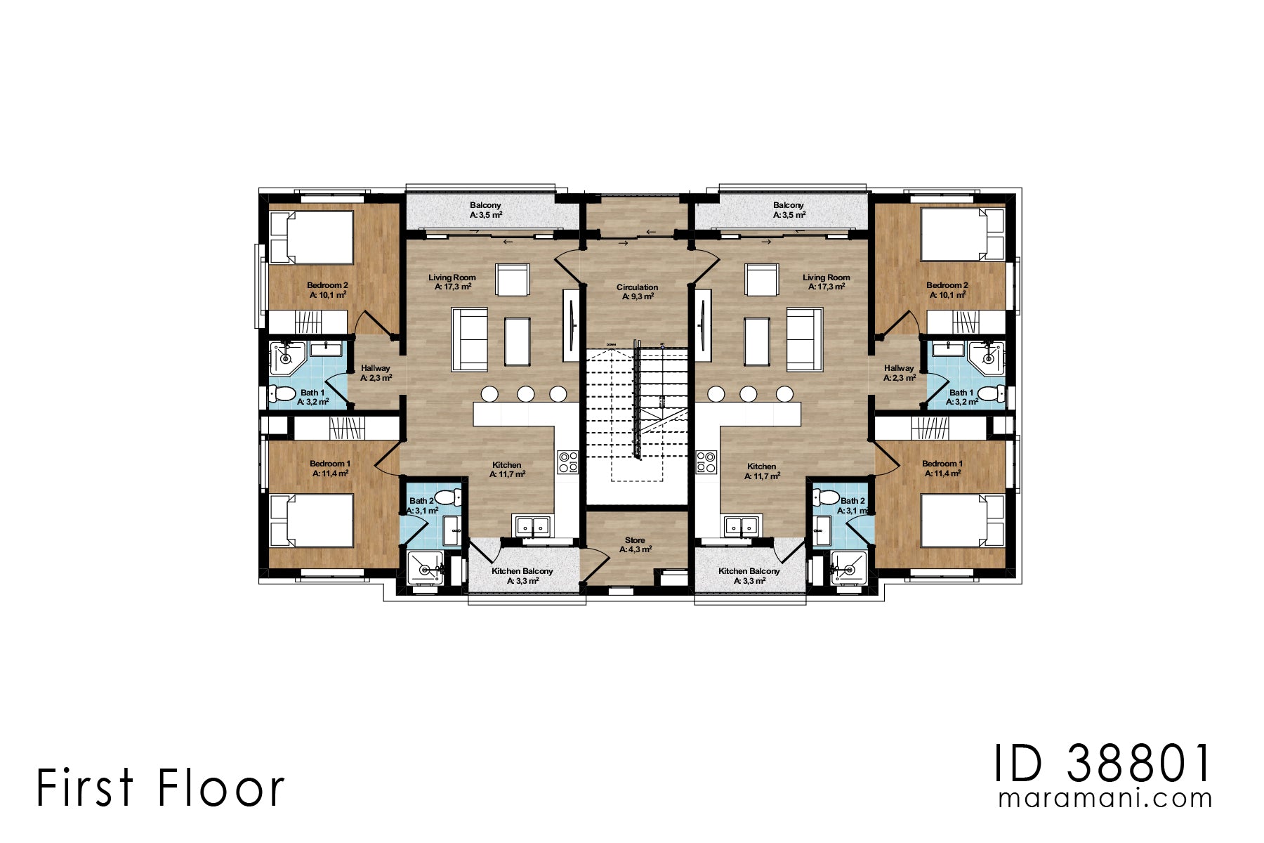 Fourplex 2-Bedroom apartment House Plan - ID 38801