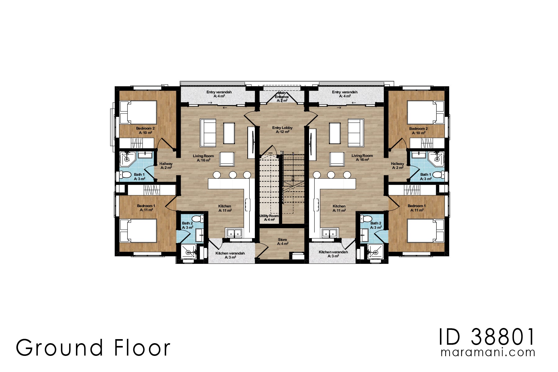 Fourplex 2-Bedroom apartment House Plan - ID 38801