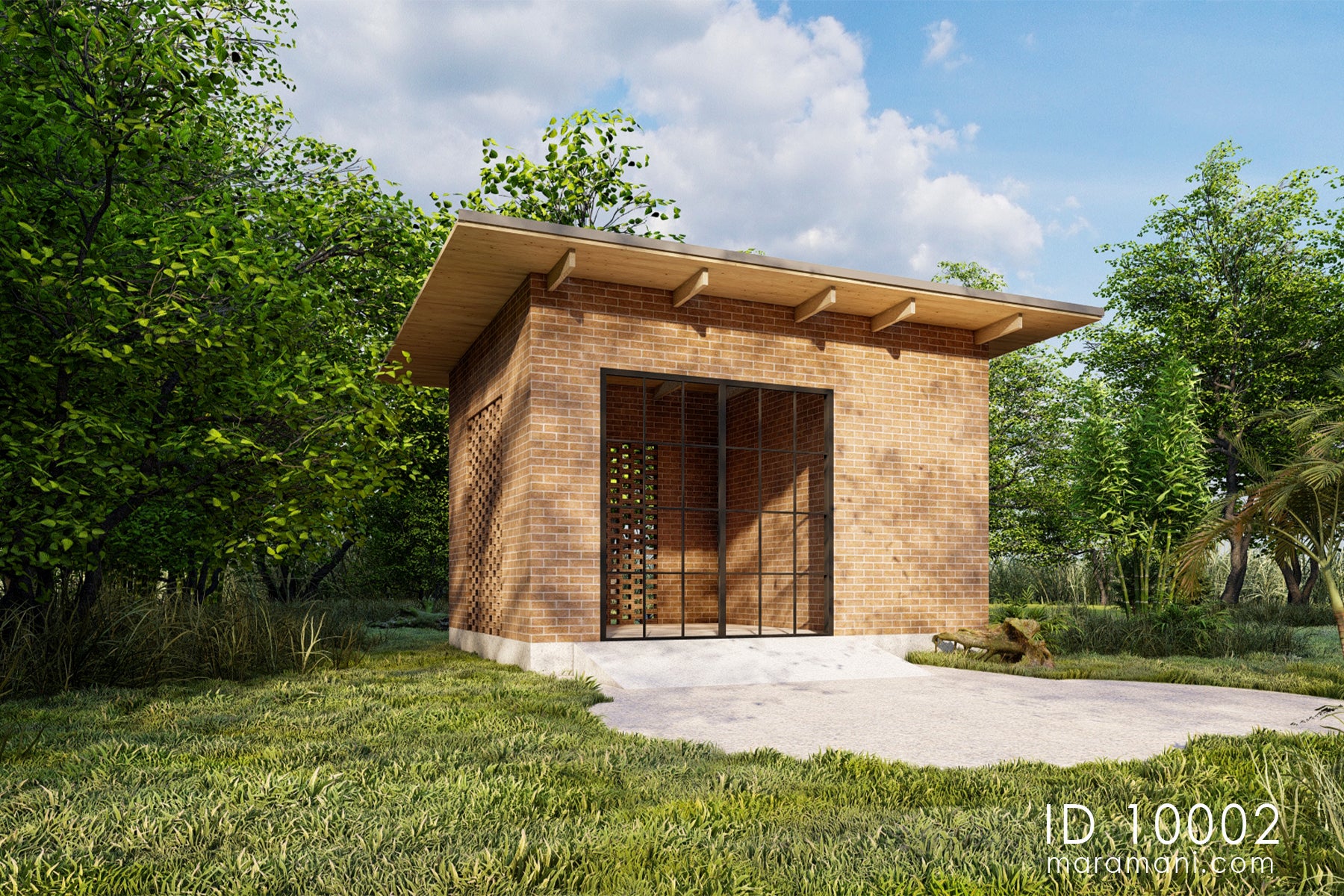 Generator shed plan ID 10002 – front elevation with steel grille door, raised plinth, and gravel entry apron by Maramani