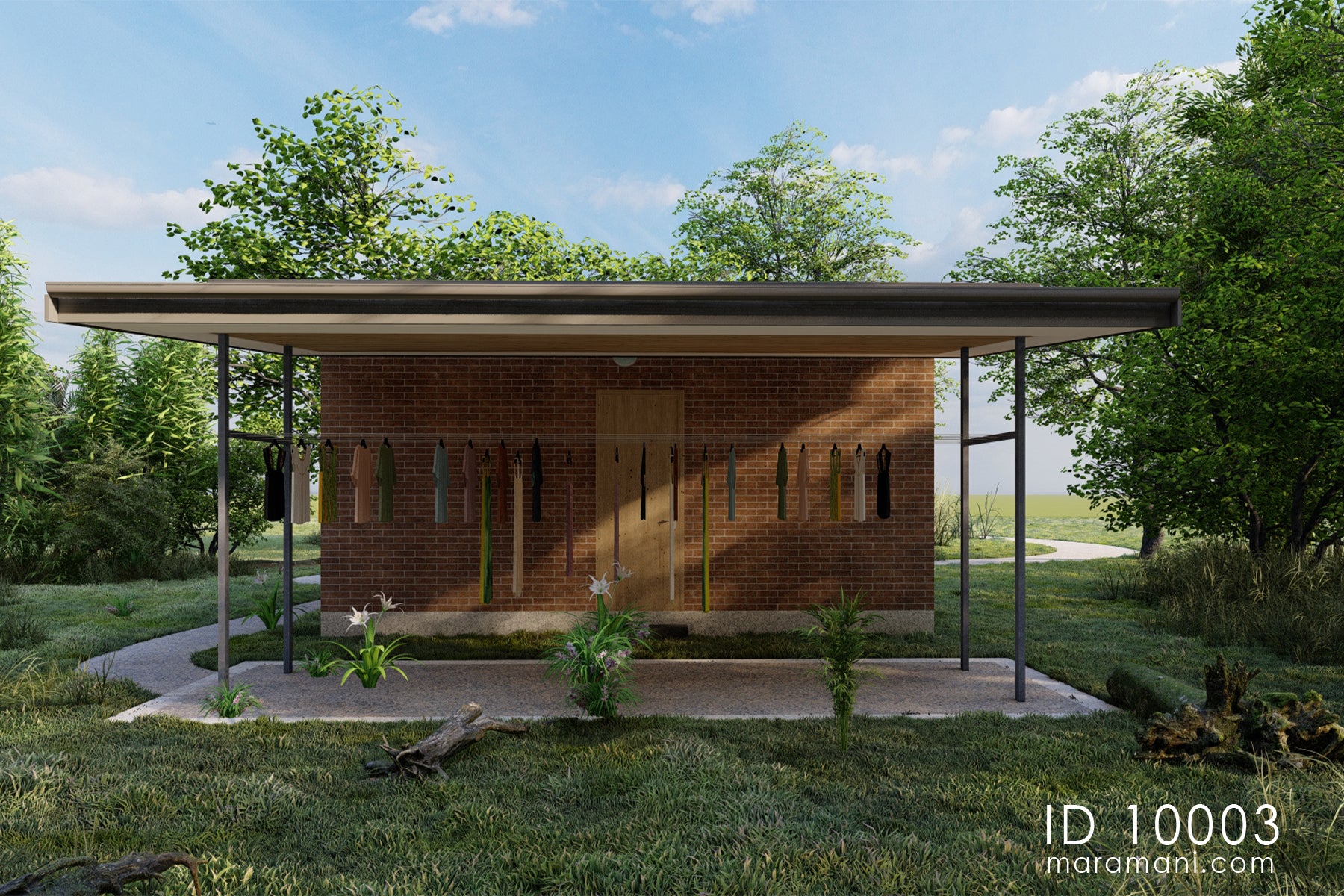 Laundry building plan ID 10003 – front elevation with steel drying canopy, brick wall, and hanging lines by Maramani