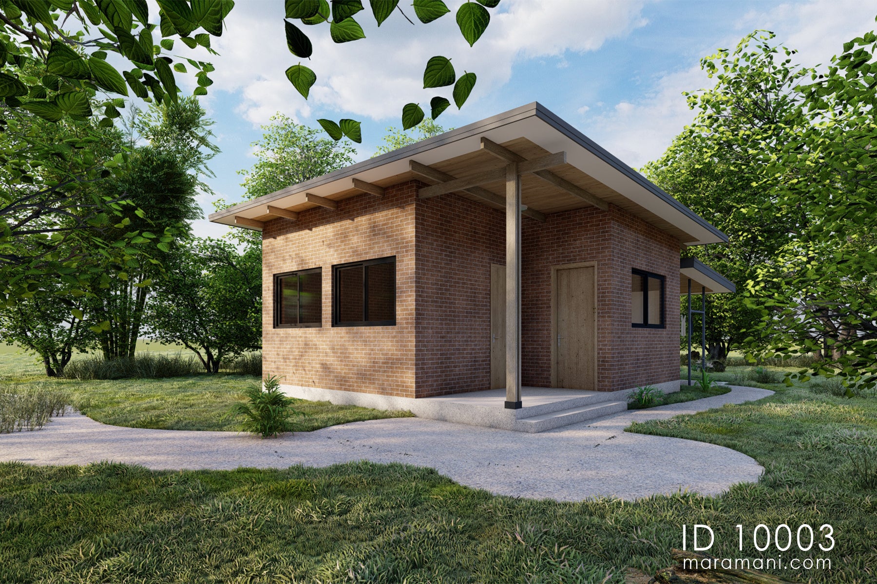 Laundry building plan ID 10003 – angled entry elevation with timber rafter canopy, raised plinth, and gravel path by Maramani