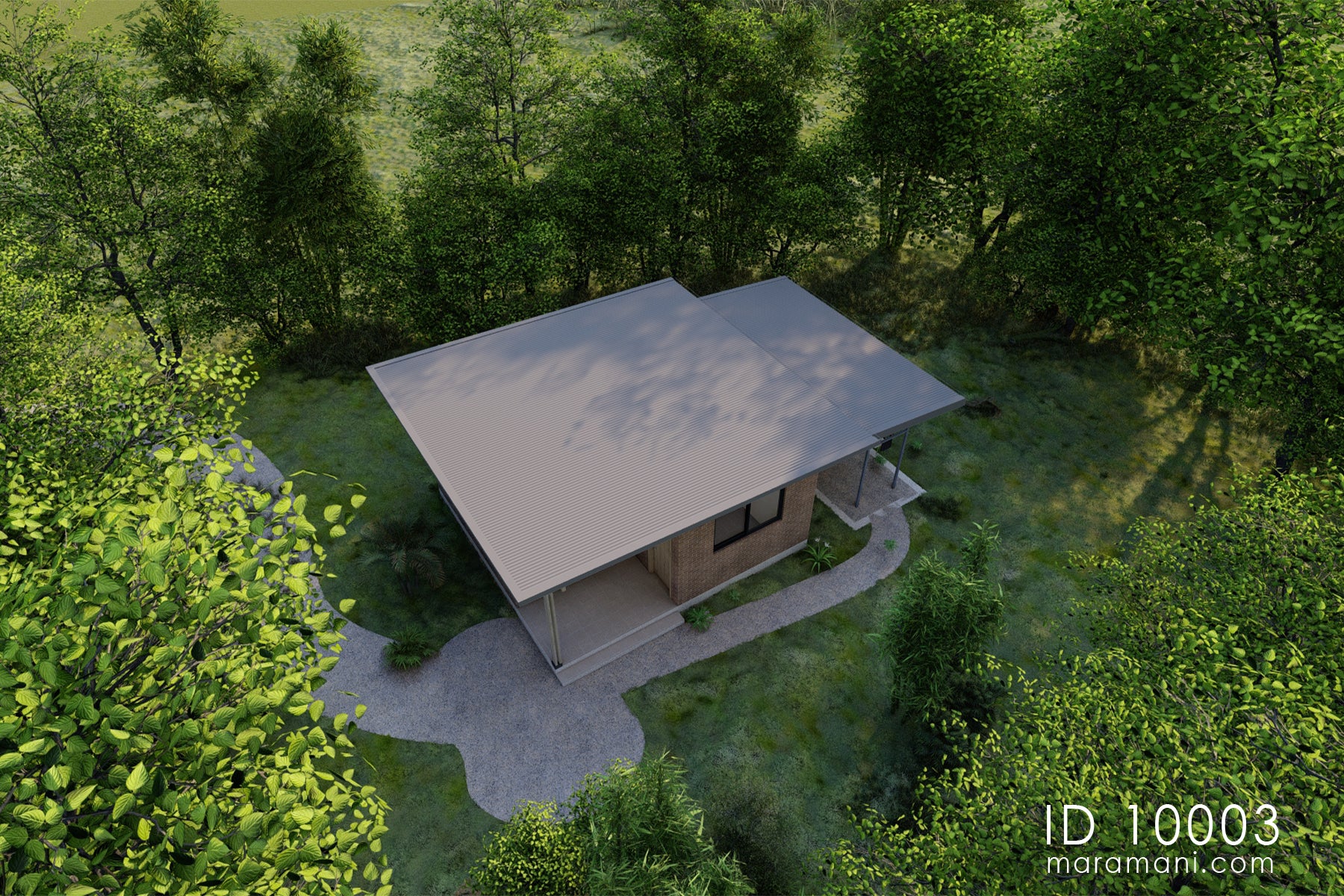 Aerial view of laundry building plan ID 10003 – flat mono-pitch roof and drying canopy set within landscaped plot by Maramani