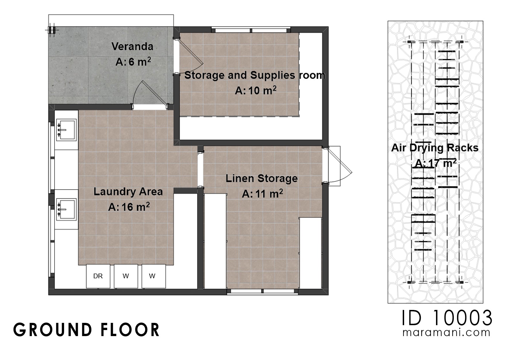Floor plan of laundry building plan ID 10003 – laundry area, storage room, linen storage, veranda, and air-drying racks