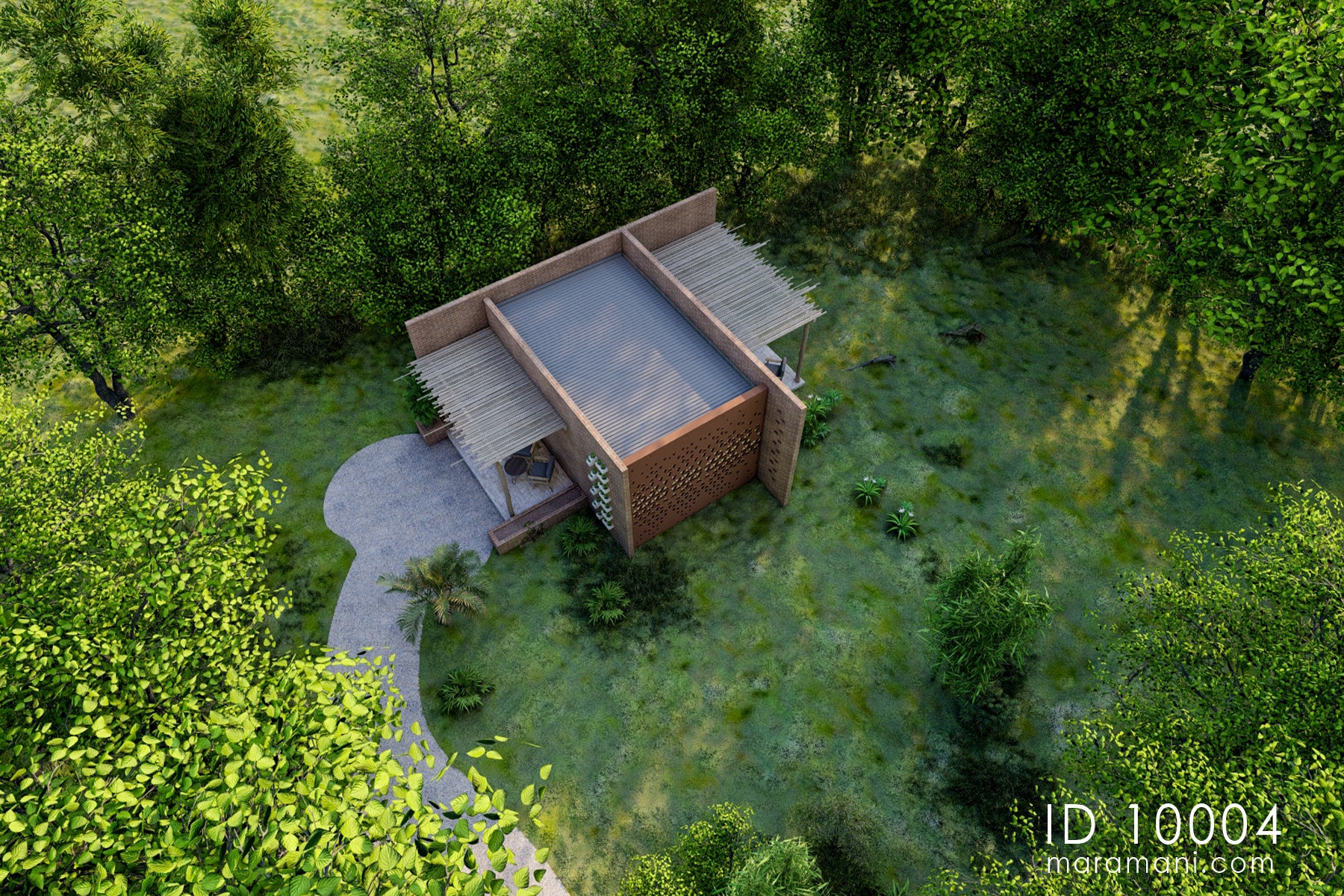 Aerial view of brick spa and sauna building plan ID 10004 – sauna layout with Corten screen panel set in landscaped plot by Maramani