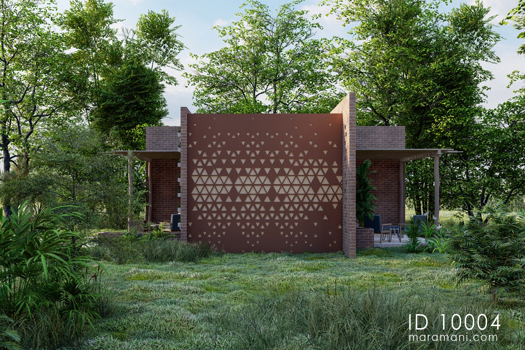 Brick spa and sauna building plan ID 10004 – sauna rear elevation with full-height plastered pattern wall by Maramani