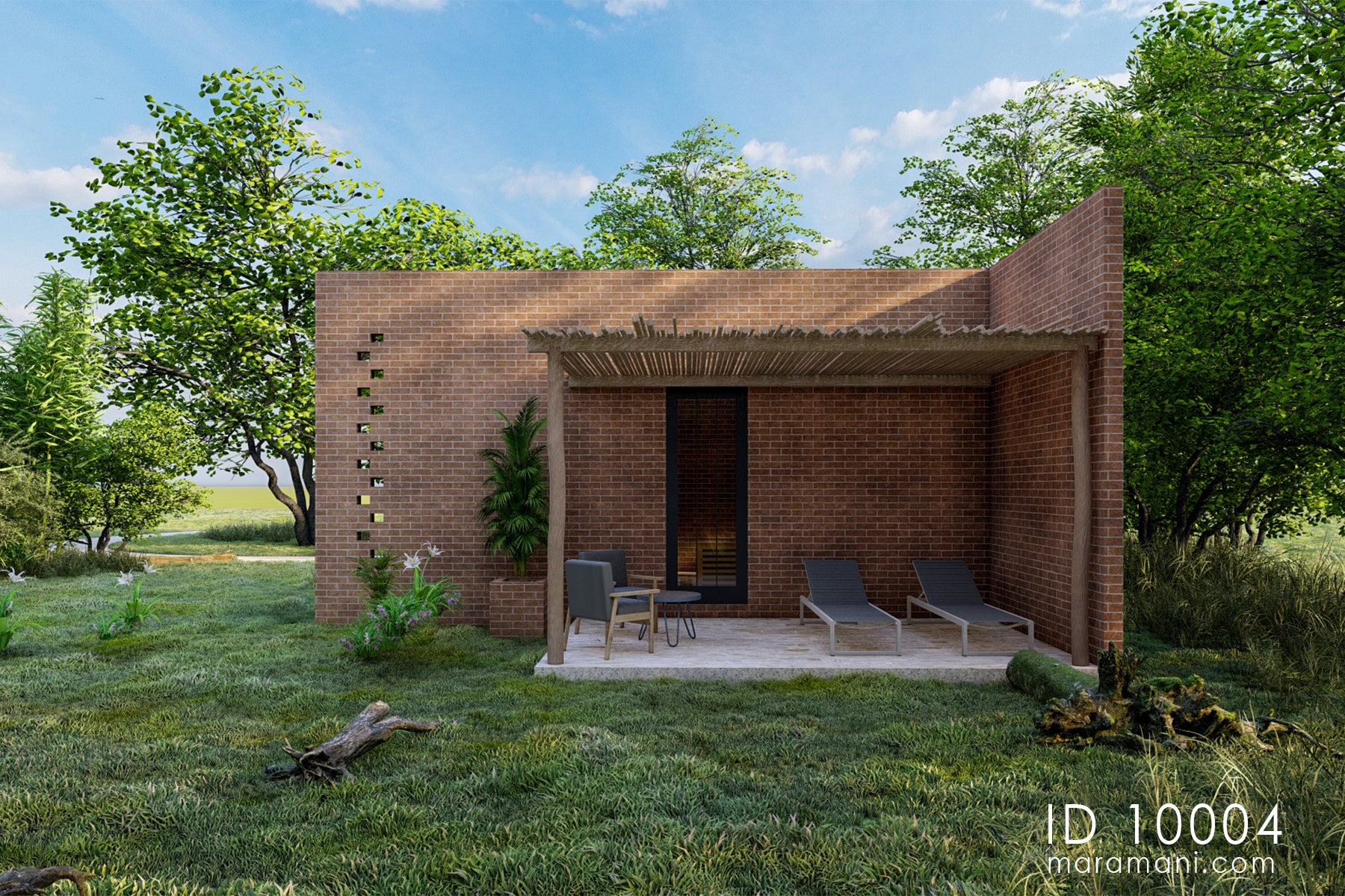 Brick spa and sauna building plan ID 10004 – sauna variant front elevation with timber pergola and loungers by Maramani