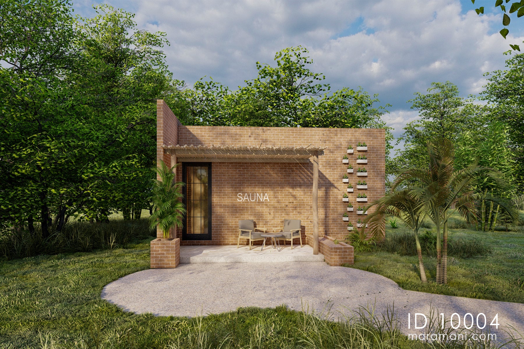 Brick spa and sauna building plan ID 10004 – sauna entrance with face brick, wall planters, and covered verandah by Maramani