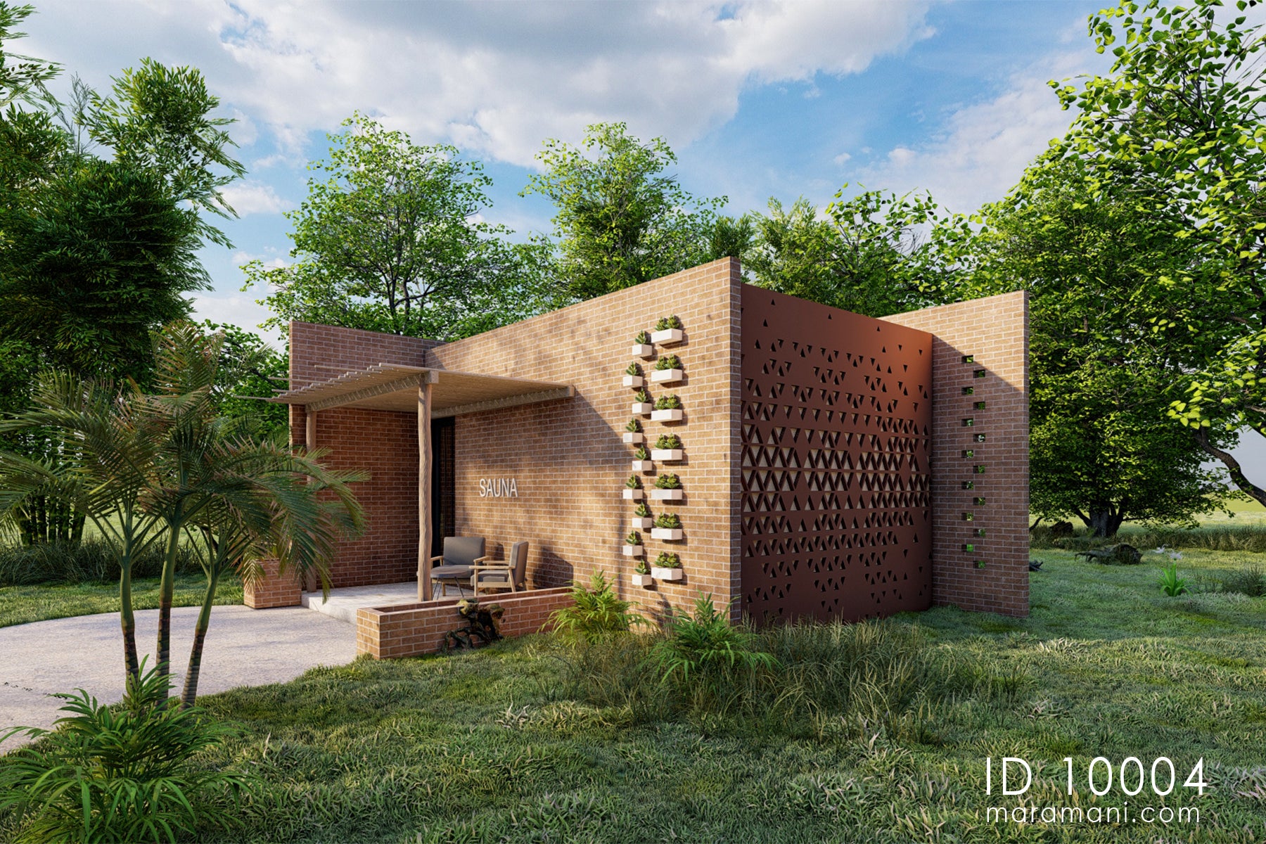 Brick spa and sauna building plan ID 10004 – sauna angled view with wall planters, Plastered pattern wall , and timber canopy by Maramani