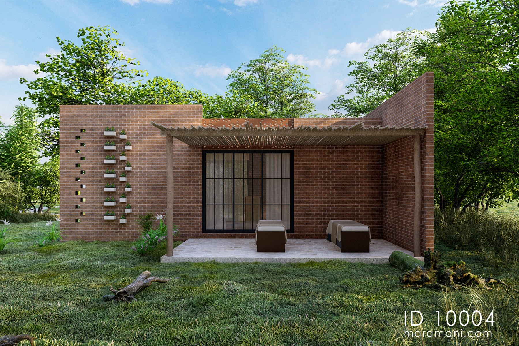 Brick spa and sauna building plan ID 10004 – spa variant front elevation with timber pergola and verandah by Maramani