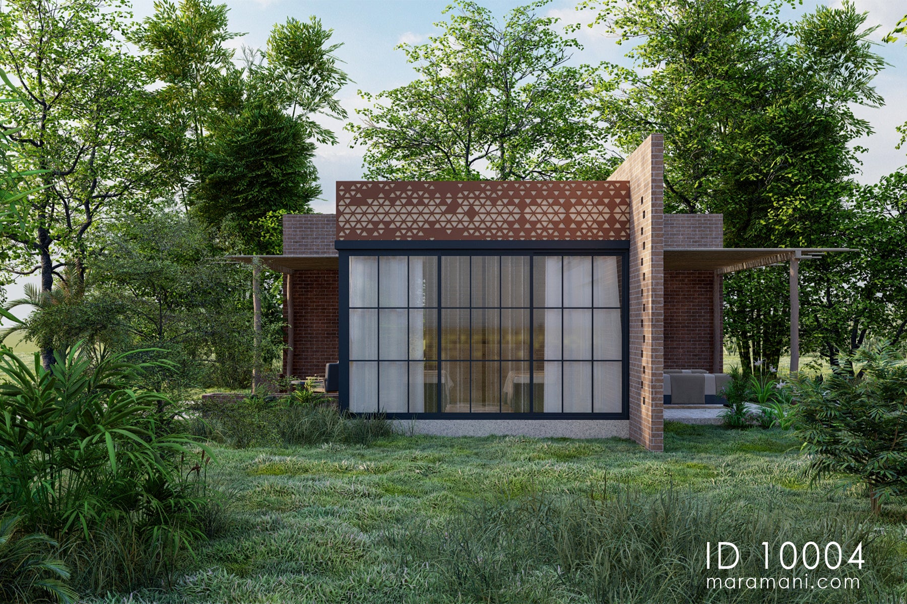 Brick spa and sauna building plan ID 10004 – spa rear elevation with plaster patterned wall and floor-to-ceiling glazing by Maramani