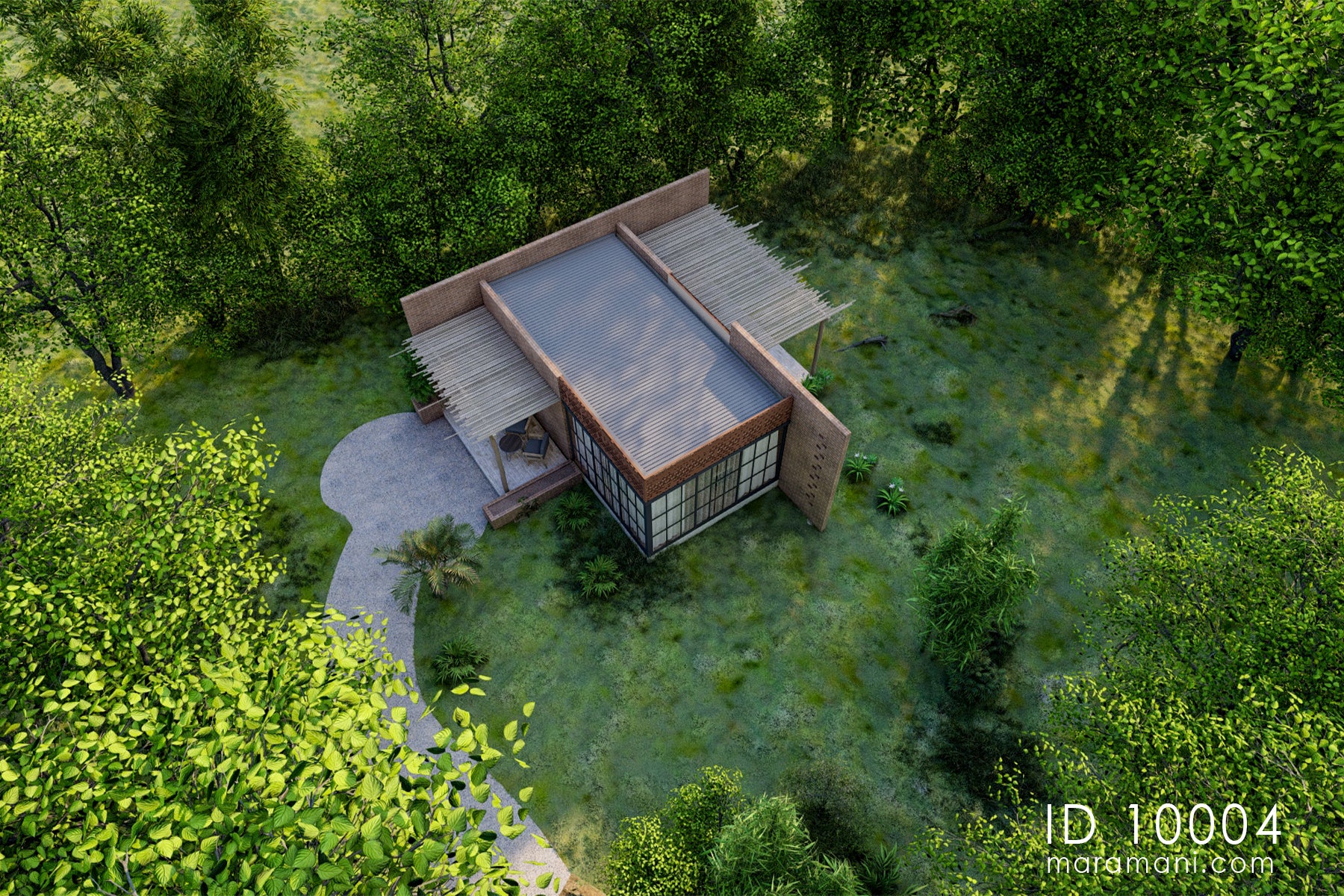 Aerial view of brick spa and sauna building plan ID 10004 – spa layout set within tree canopy by Maramani