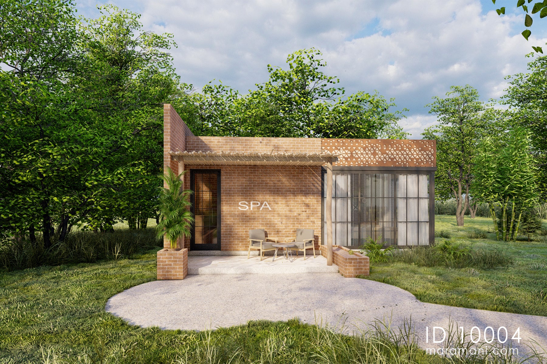 Brick spa and sauna building plan ID 10004 – spa entrance with face brick, pergola canopy, and seating area by Maramani
