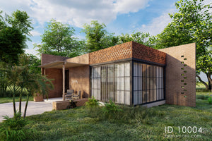 Brick spa and sauna building plan ID 10004 – spa entrance with face brick, pergola canopy, and seating area by Maramani