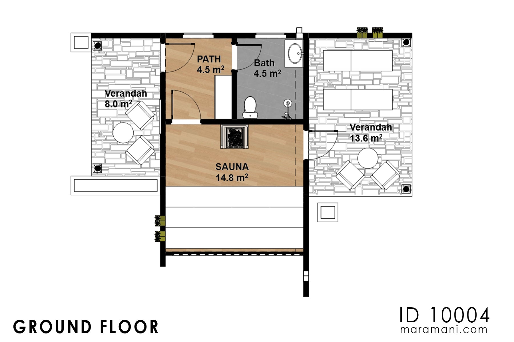Floor plan of brick spa and sauna building plan ID 10004 – sauna layout: sauna room 14.8 m², bathroom, path zone, dual verandas