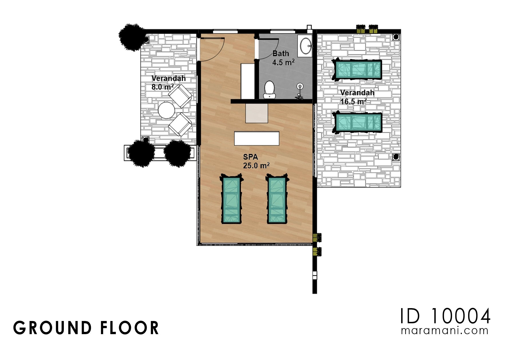 Floor plan of brick spa and sauna building plan ID 10004 – spa layout: treatment room 25.0 m², bathroom, dual verandas