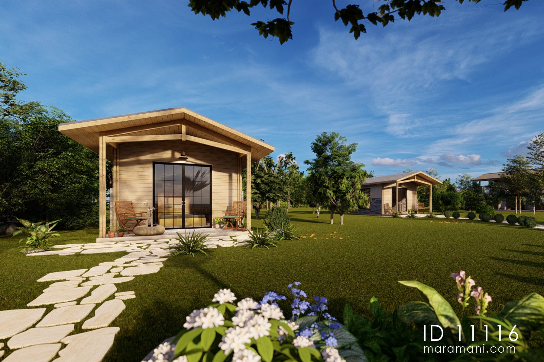 1-bedroom cabin design house plan ID 11116 – cluster of two timber cabin units with veranda and flagstone path by Maramani