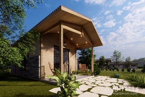 1-bedroom cabin design house plan ID 11116 – angled view of timber veranda with structural posts and recessed lighting by Maramani