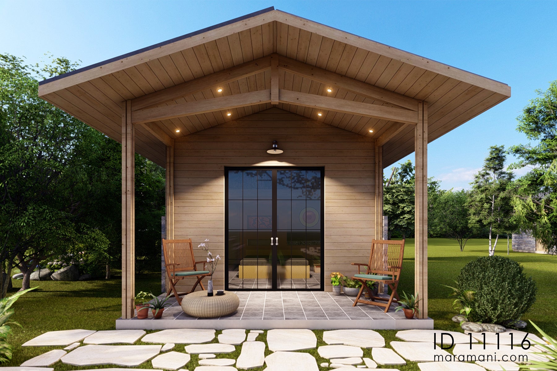 1-bedroom cabin design house plan ID 11116 – front elevation with gable roof, sliding glass doors, and lit veranda by Maramani