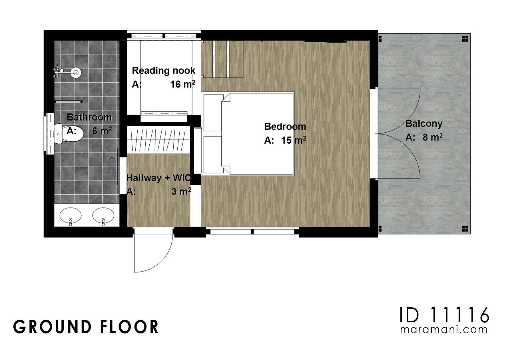 Floor plan of 1-bedroom cabin design house plan ID 11116 – bedroom, reading nook, bathroom, hallway with WIC, and balcony