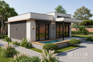 Modern 1 bedroom house plan ID 11118 – flat-roof home with plunge pool, stacked stone base, and glass sliding doors by Maramani