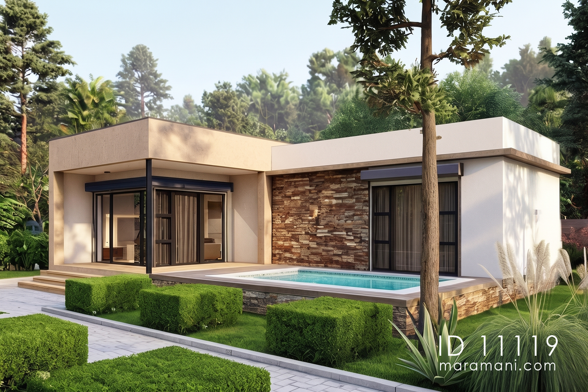 Modern compact 1 bedroom house plan ID 11119 – flat-roof home with plunge pool, stacked stone wall, and covered verandah by Maramani
