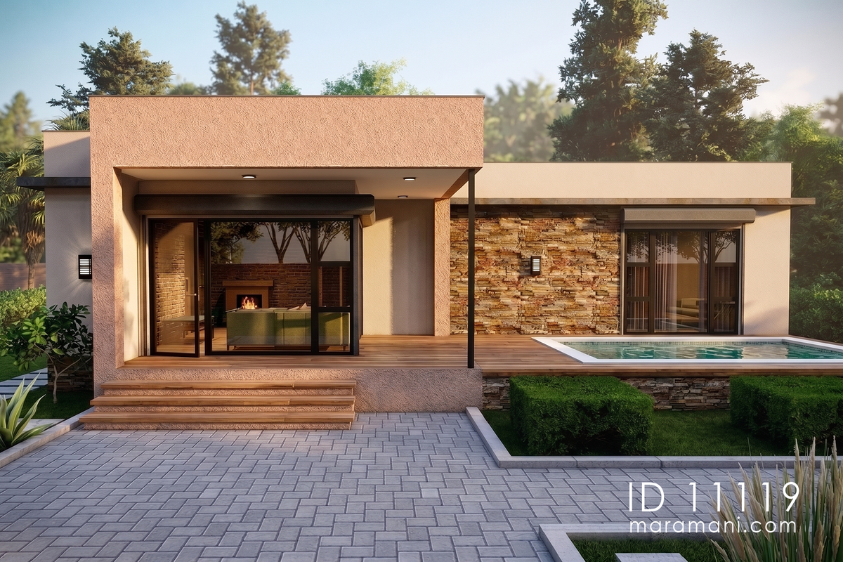 Front view of modern compact 1 bedroom house plan ID 11119 – timber deck verandah with wide steps, corner glazing, and poolside stone feature wall