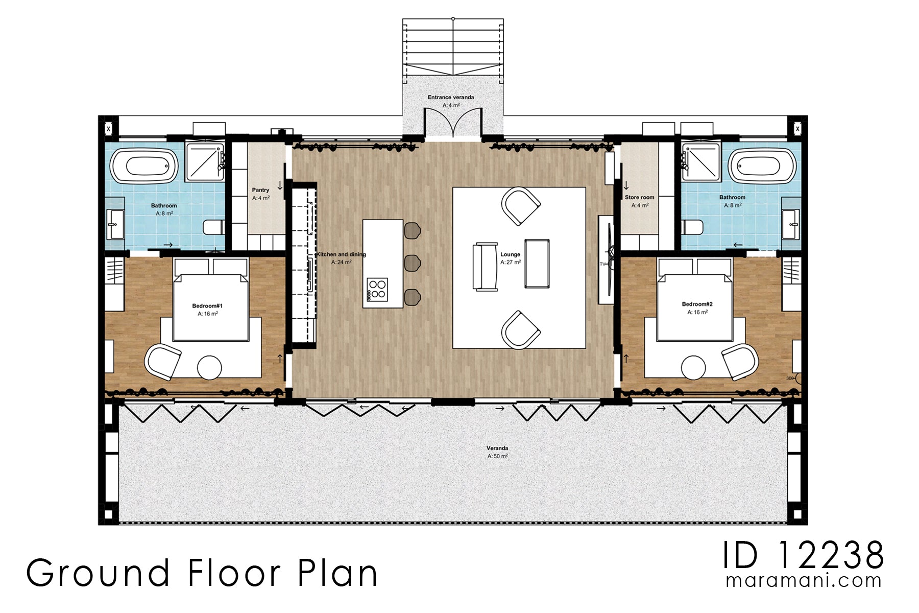 Cozy 2 Bedrooms, 1-Story House Plan - ID 12238