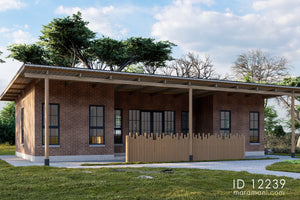 Simple two-bedroom house plan ID 12239 – front elevation with timber screen and brick façade by Maramani
