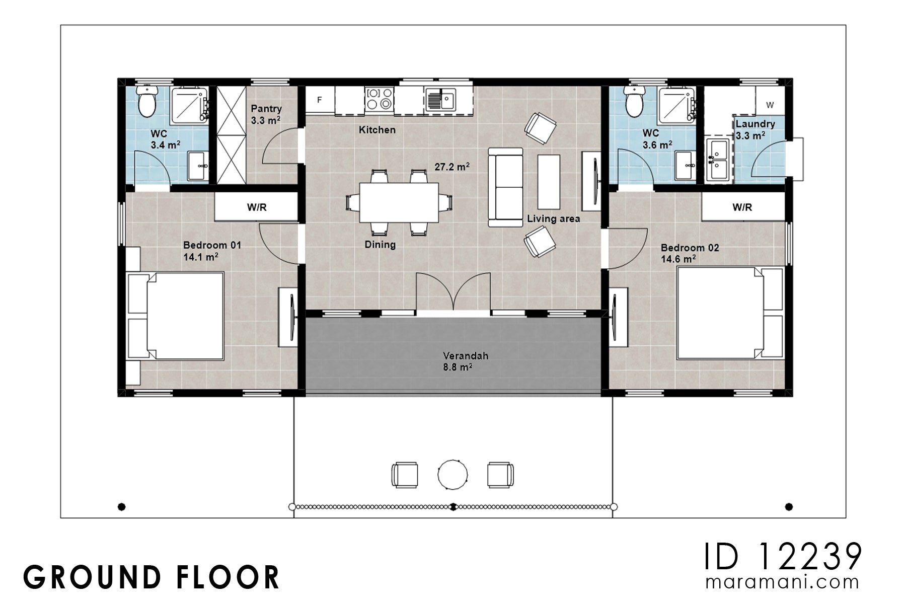 Floor plan of simple two-bedroom house plan ID 12239 by Maramani.com