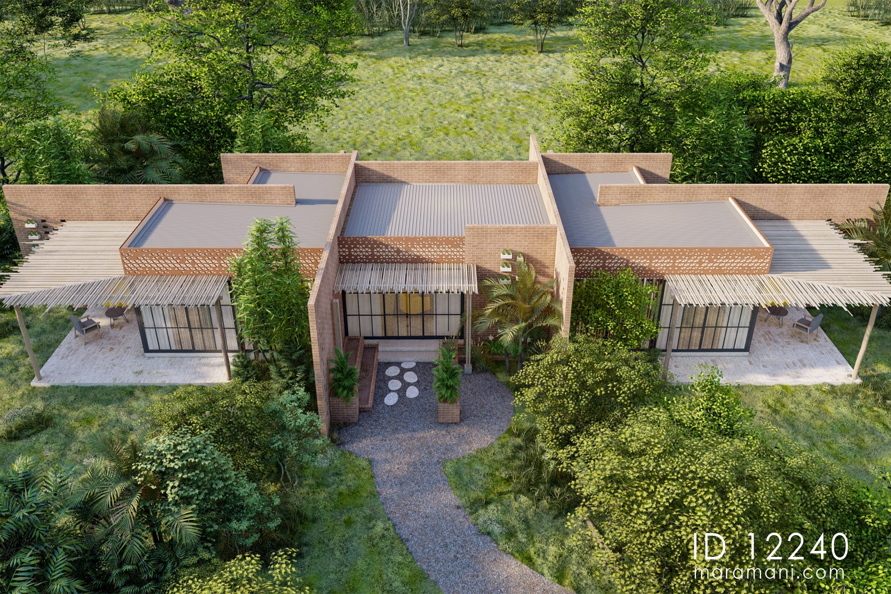 Two-bedroom brick villa plan ID 12240 – aerial front view showing three-pavilion layout with pergolas and glazing by Maramani