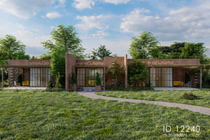 Two-bedroom brick villa plan ID 12240 – front elevation with face brick, Corten parapet, and full-height glazing by Maramani