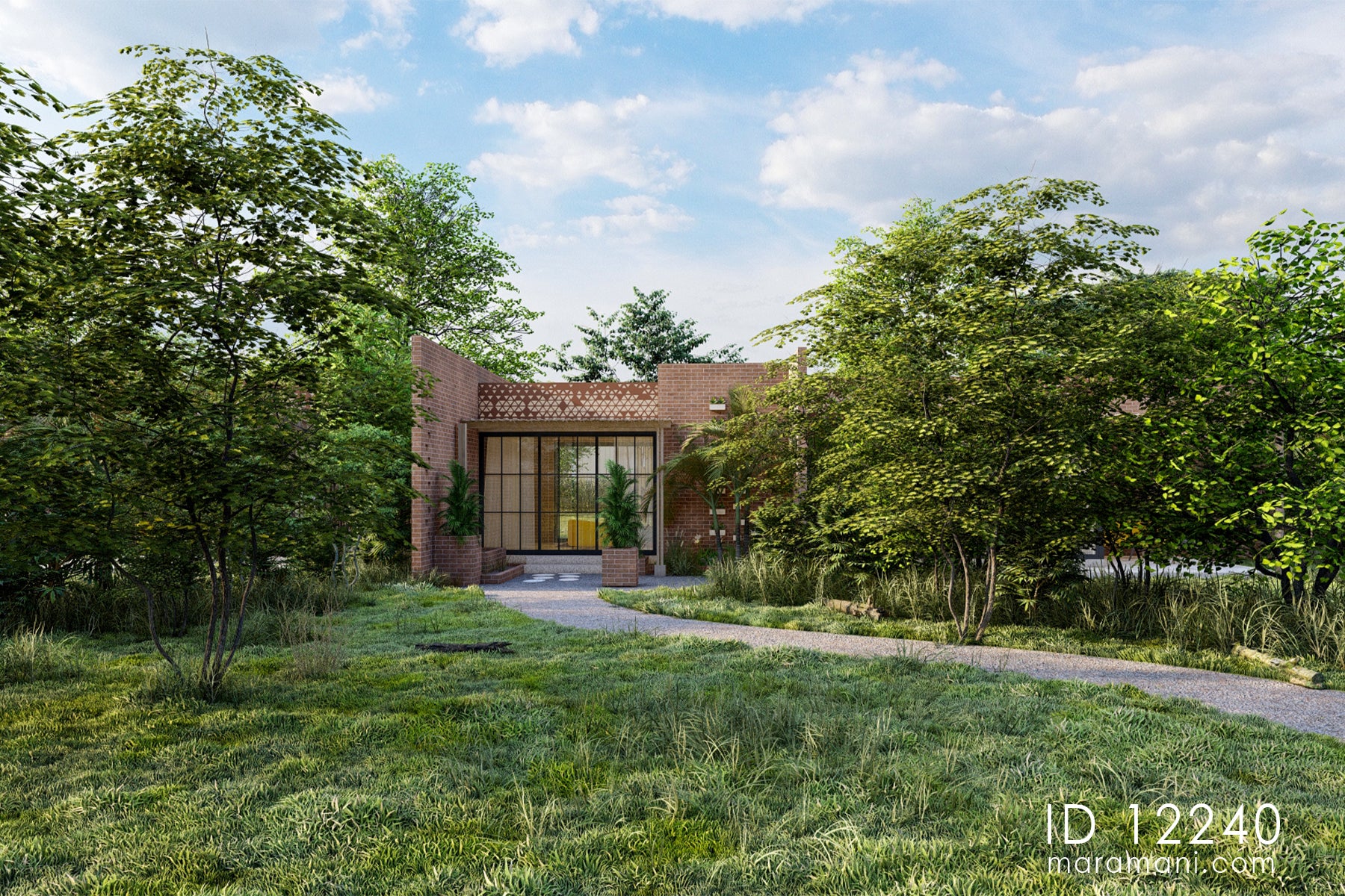 Two-bedroom brick villa plan ID 12240 – centre living pavilion with gravel approach and black-framed glazing by Maramani