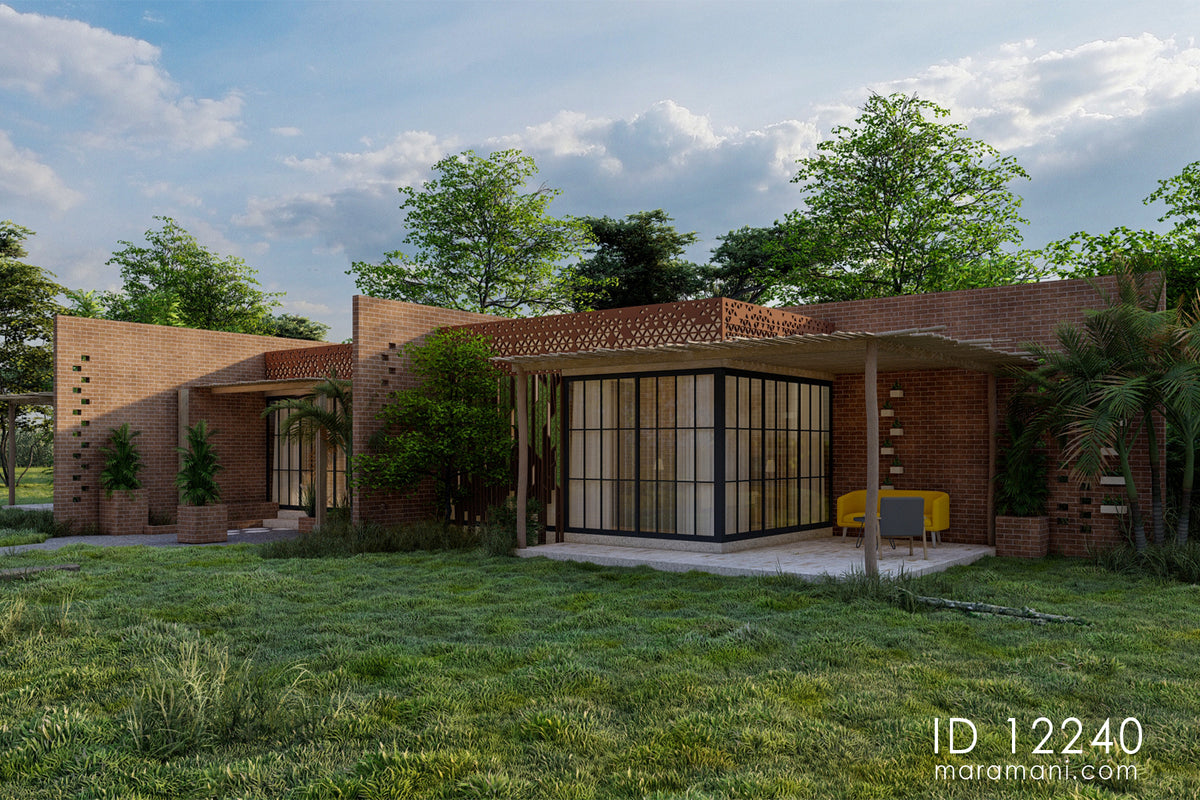 Two-bedroom brick villa plan ID 12240 – bedroom wing with Plastered pattern, timber pergola, and verandah seating by Maramani