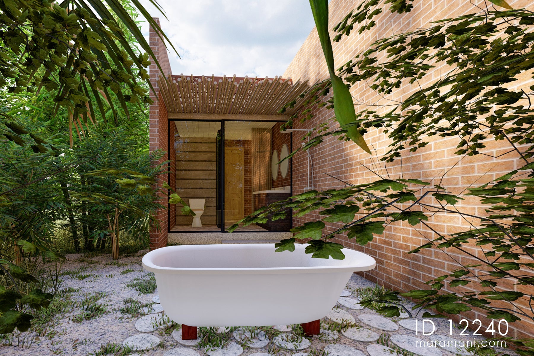 Two-bedroom brick villa plan ID 12240 – outdoor shower courtyard with freestanding bathtub and stone garden floor