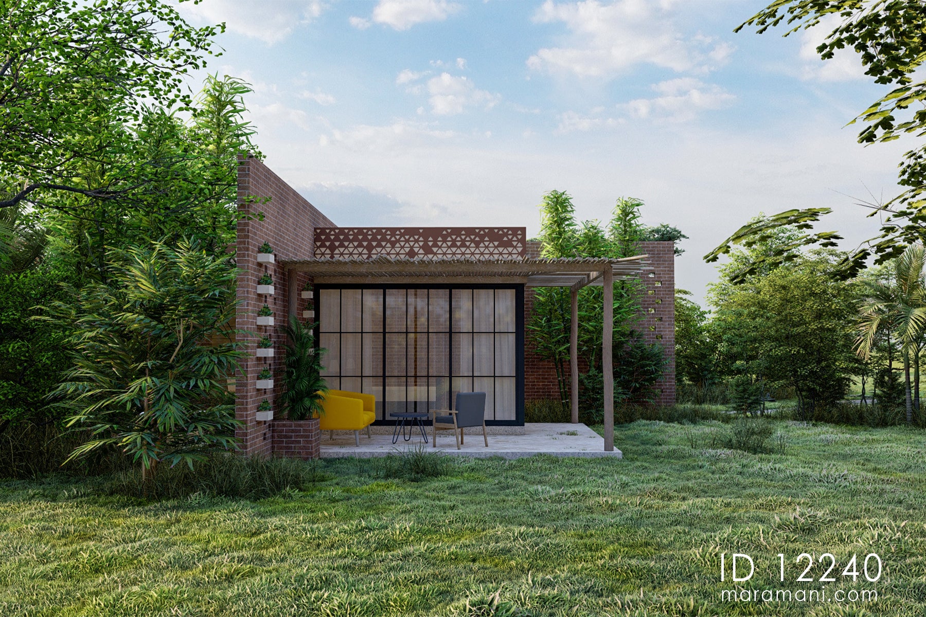 Two-bedroom brick villa plan ID 12240 – bedroom unit rear elevation with wall plaster pattern and timber pergola by Maramani
