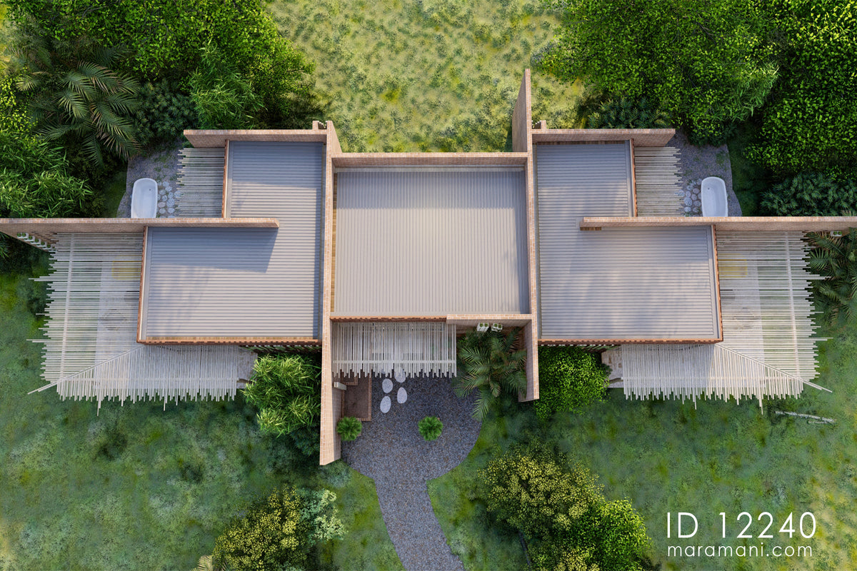Aerial top-down view of two-bedroom brick villa plan ID 12240 – three-pavilion roof layout set in landscaped plot by Maramani