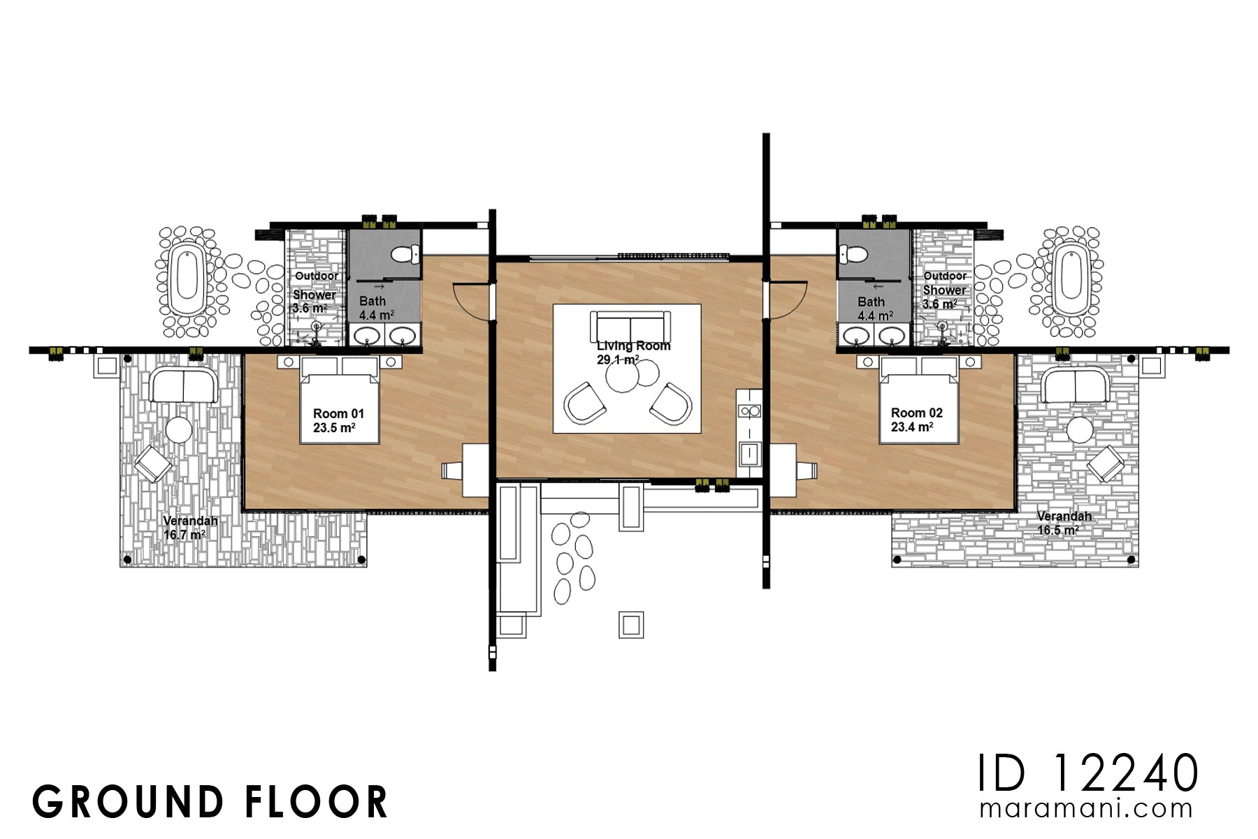 Floor plan of two-bedroom brick villa plan ID 12240