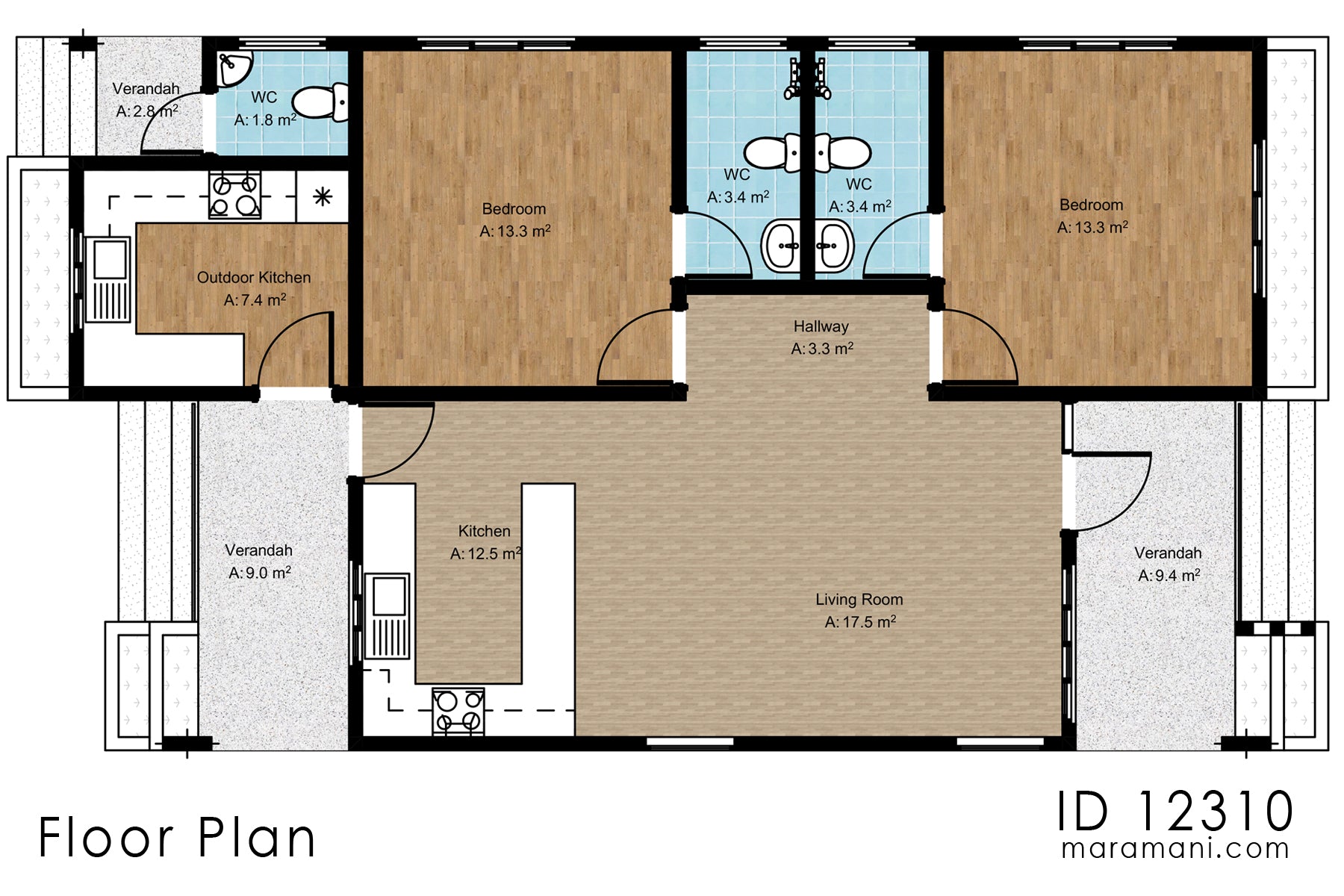 Charming 2-Bedroom Single-Story House Plan – ID 12310