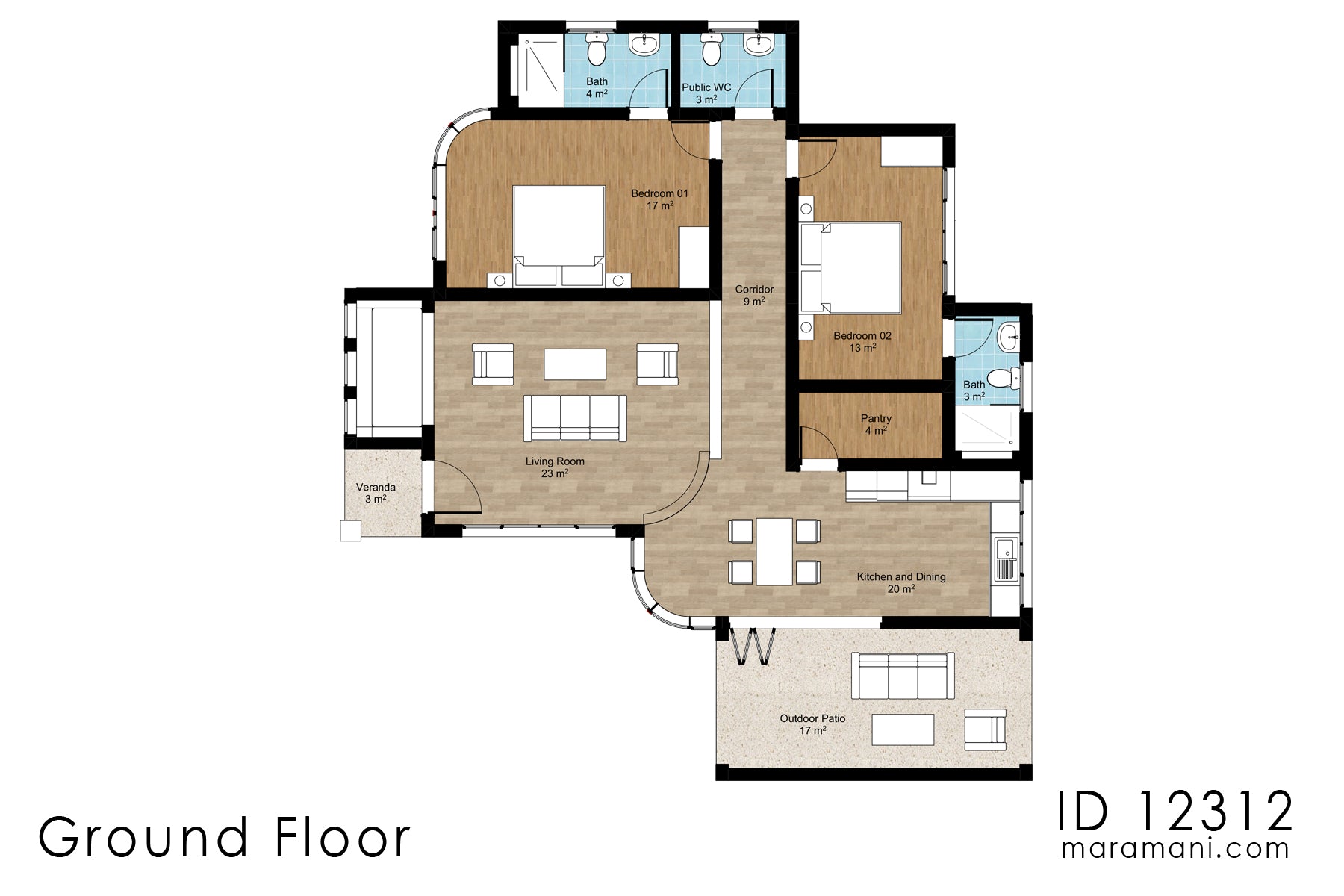 Modern 2-Bedroom, 1-Story House Plan - ID 12312