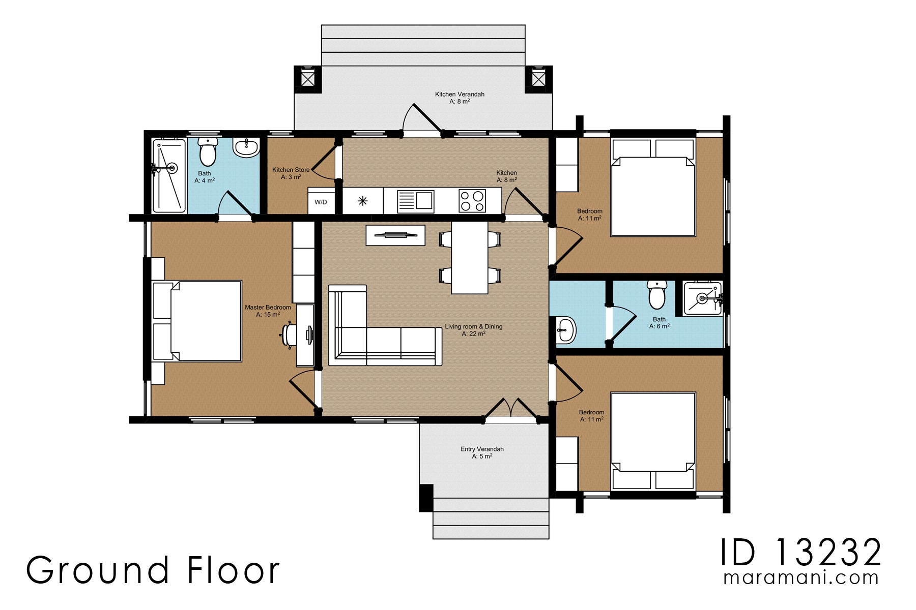 Comfortable 3-Bedroom Single-Story House Plan – ID 13232