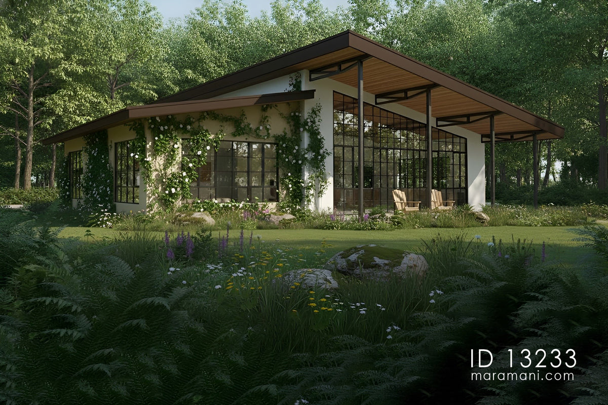 Open living 3 bedroom house plan ID 13233 – skillion roof veranda with timber soffit, steel posts, and full-height glazing by Maramani