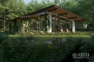 Open living 3 bedroom house plan ID 13233 – skillion roof veranda with timber soffit, steel posts, and full-height glazing by Maramani