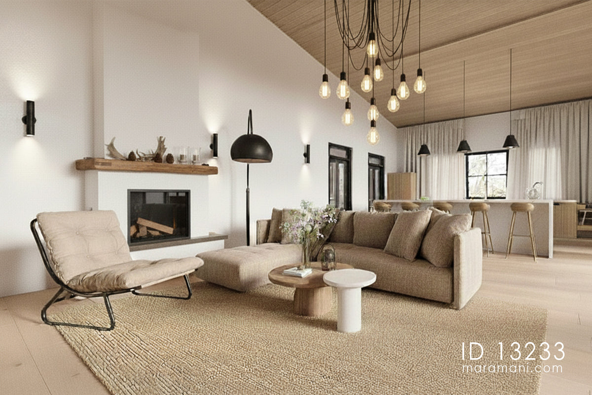 Interior of open living 3 bedroom house plan ID 13233 – lounge with fireplace, timber-lined raked ceiling, and kitchen island seating