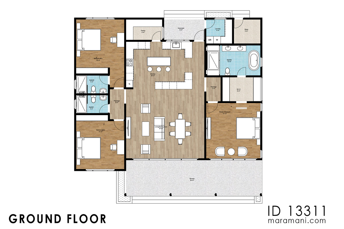 Floor plan of simple 3-bedroom 3 bathroom house plan ID 13311 – three bedrooms, three bathrooms, Open kitchen living dining, terrace