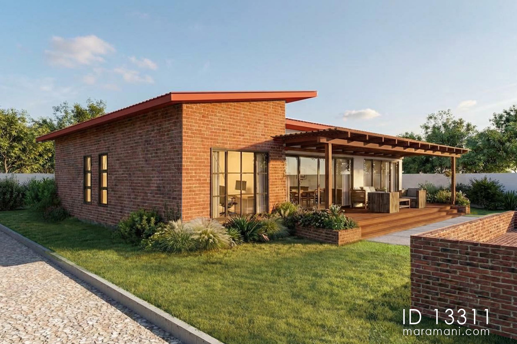 Front entrance view of simple 3-bedroom 3 bathroom house plan ID 13311 – mono-pitch roof with deep eaves