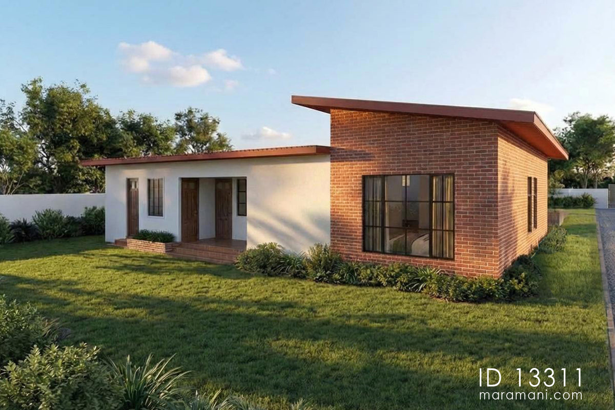 Rear exterior view of simple 3-bedroom 3 bathroom house plan ID 13311 – brick feature wall and steel-framed windows