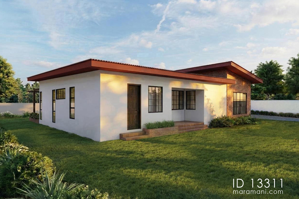 Side exterior view of simple 3-bedroom 3 bathroom house plan ID 13311 – brick feature wall and steel-framed windows