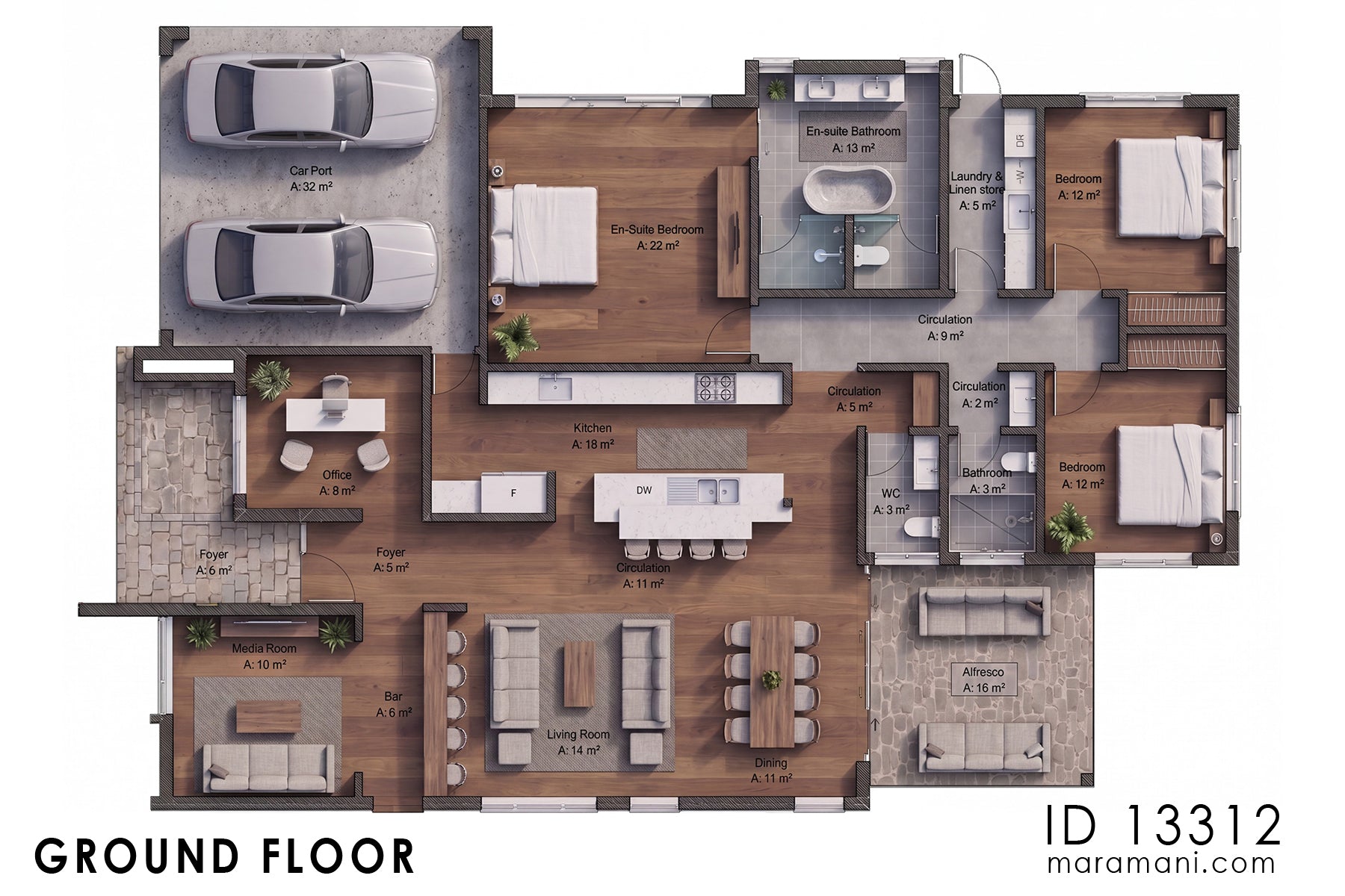 Modern 3-Bedroom Bungalow House Plan – ID 13312